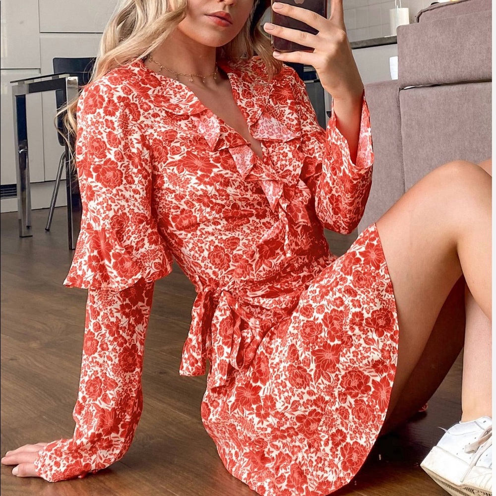 Topshop wrap mini dress in red floral print